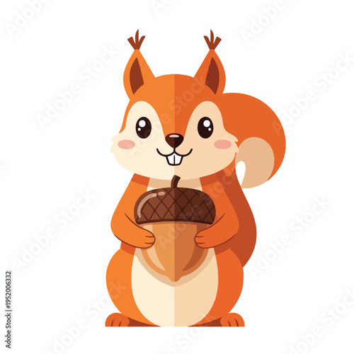 A cute, cartoon squirrel with big eyes holds a large acorn against a white background