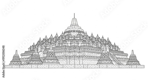 Detailed Line Art Depiction of the Borobudur Temple Complex.