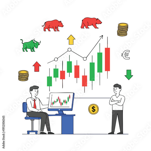 Two businessmen observe a stock chart with bull, bear, and currency symbols