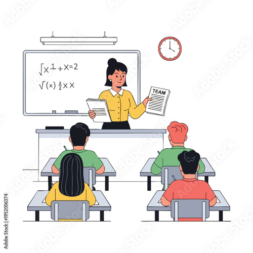 Teacher instructs students with math equations on whiteboard and teamwork document