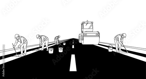 Road Workers Painting Lines on Highway with Truck.