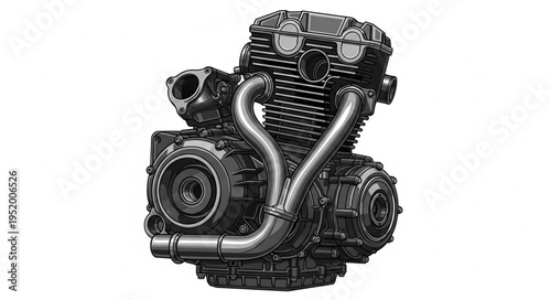 Detailed View of a Motorcycle Engine with Exhaust Pipes.