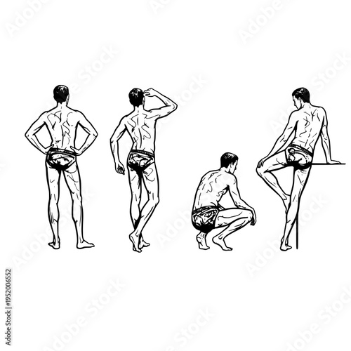 A collection of four distinct black and white hand drawn illustrations of men posing in underwear