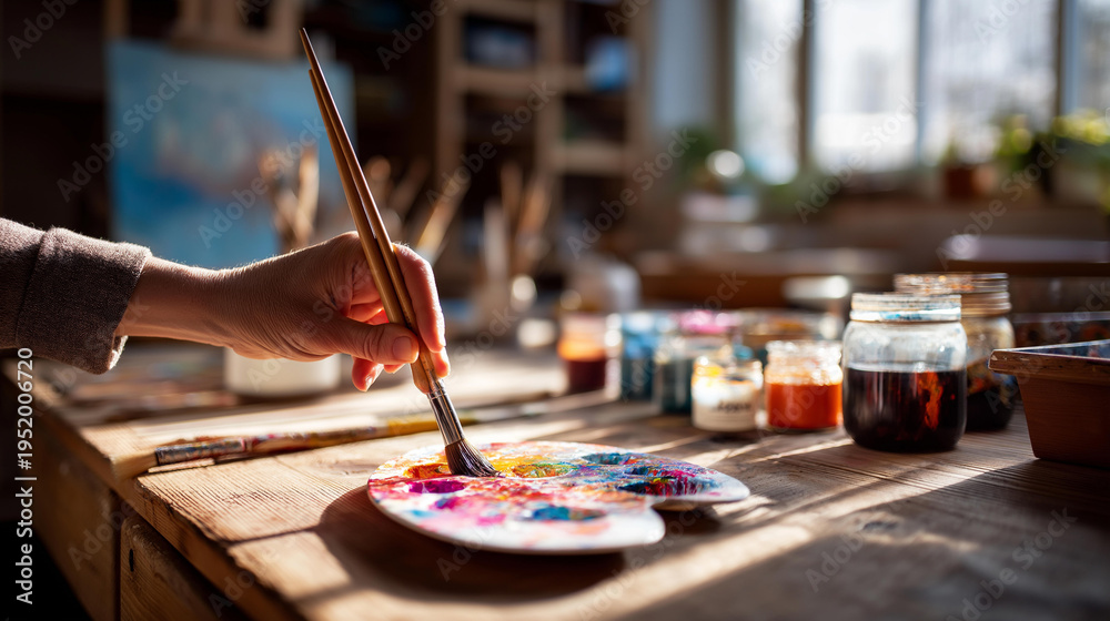 Obraz premium Close up of a hand holding a paint loaded brush over a colorful palette in a sunlit artist studio paint splatters on the wooden table surface defocused bright creative space