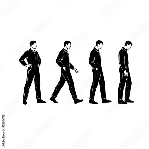 Photography A sequence of four figures showing the gradual transition from a confident stanc