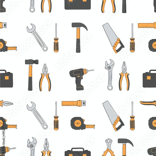 Seamless pattern of various tools including hammers, screwdrivers, wrenches, pliers, saws, tape measures and toolboxes