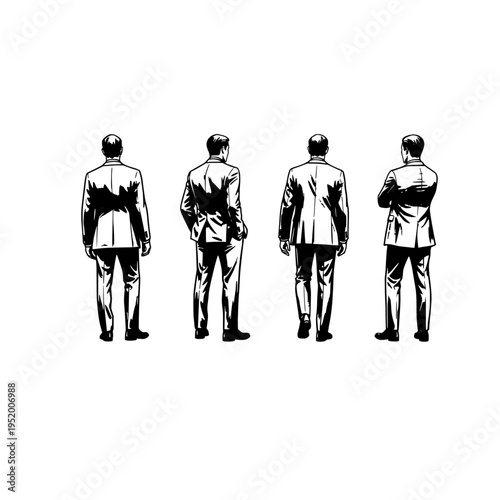 A collection of four business men in suits standing in various poses shown from the back view only