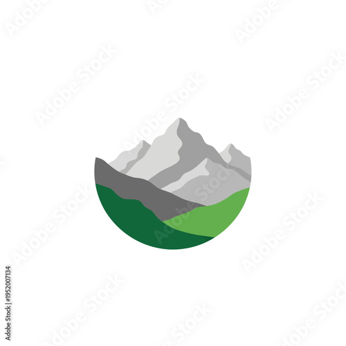 Stylized minimalist mountain range icon featuring gray peaks and green rolling hills within a neat circular design, representing nature and outdoor adventure