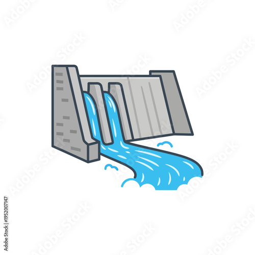 Simple, vibrant illustration of a hydroelectric dam with flowing water, symbolizing clean, renewable energy production and sustainable power generation
