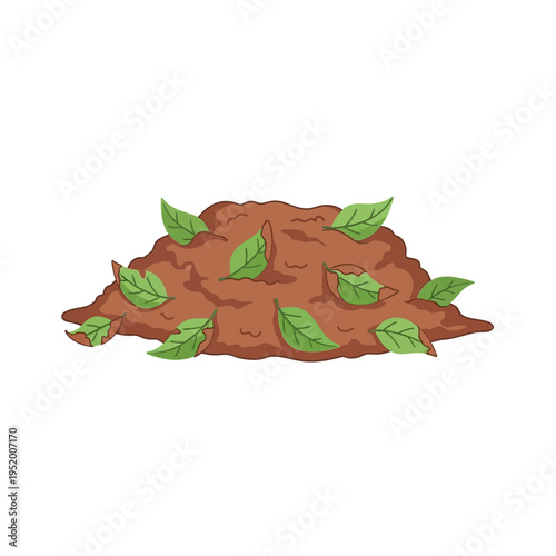 Composting pile with scattered green leaves, representing organic decomposition and garden enrichment, natural soil enrichment