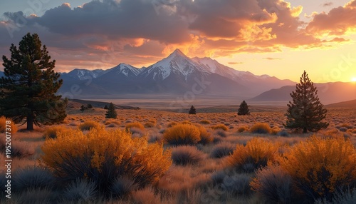 Golden hour sunset over snow capped mountains. Dry grass fields with orange bushes and pine trees. Vast remote landscape with dramatic sky clouds.