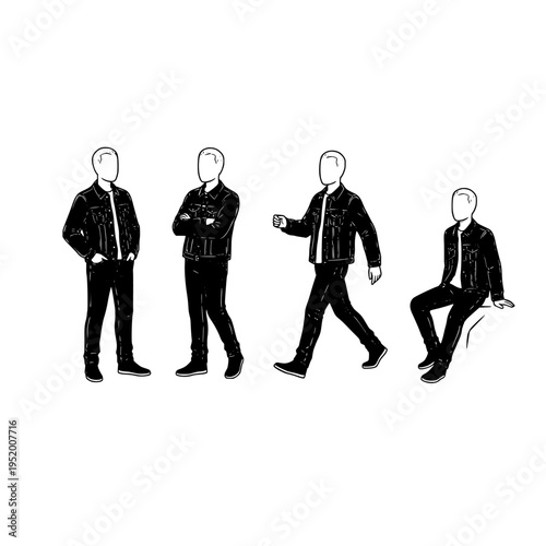 A collection of four faceless men dressed in casual denim jackets and jeans in various postures