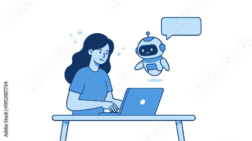 Woman interacts with ai assistant on laptop modern vector illustration for tech and innovation concepts