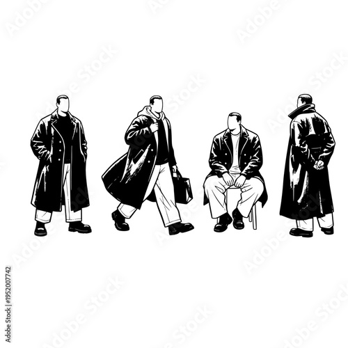 A collection of four stylized black and white illustrations showing a man in a long winter coat