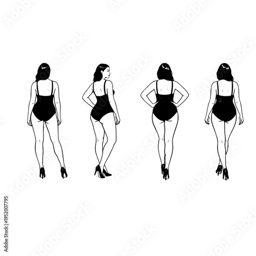 A collection of four minimalist black and white line art illustrations featuring a plus size woman