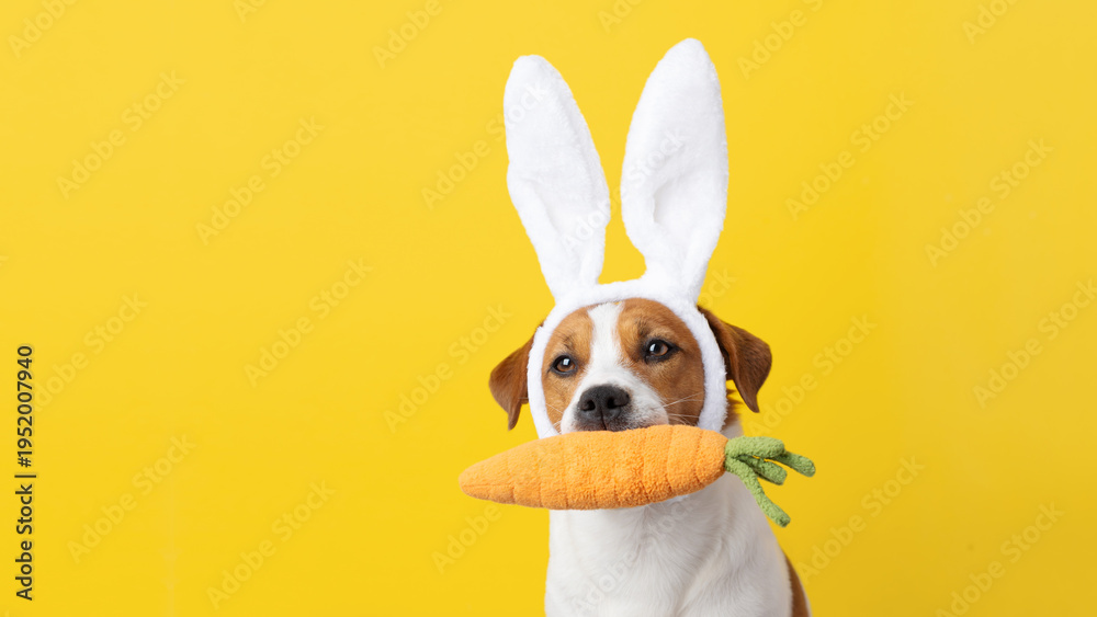 Naklejka premium Cute Jack Russell Terrier dog wearing white bunny ears and holding a toy carrot in its teeth on yellow background. Easter pet concept