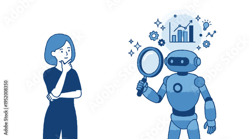 Thoughtful woman and robot analyzing data with magnifying glass symbolizing ai search concept and innovation