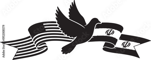 Black and white graphic illustration of a dove flying over a flowing banner depicting elements of the US and Iranian flags, symbolizing peace and diplomacy.