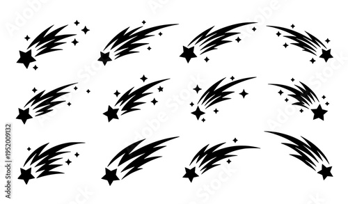 Shooting star icon vector set with comet trail and fast star symbols