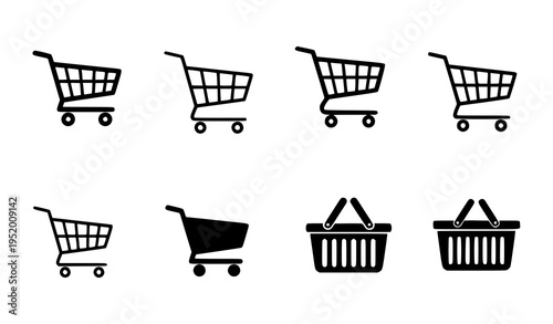 Black shopping cart vector icon pack with retail and ecommerce symbols