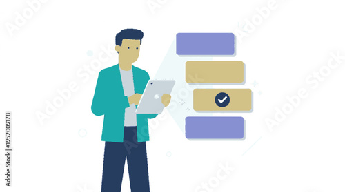 Person holding tablet with multiple choice options on screen interface