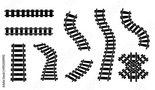 Curved and straight railway track vector pack with train rail icons