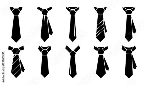 Black necktie icon vector set with business tie silhouette designs