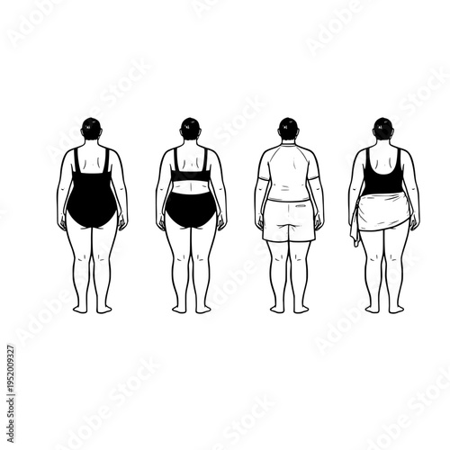 Four people with different body shapes in swimsuits