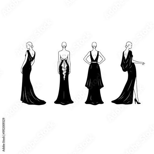 Four different black evening gowns with various necklines