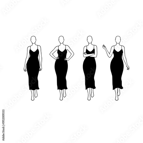 four women in black dresses vector illustration