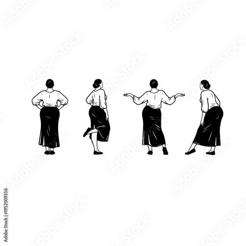 Four black and white illustrations of a woman doing a flamenco dance