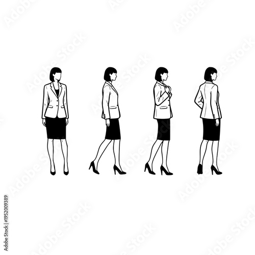 Four poses of a businesswoman in a skirt and blazer