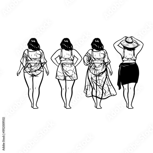 Four women in different outfits walking away