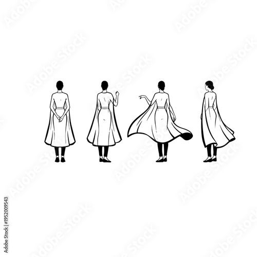 Four views of a woman wearing a cape dress