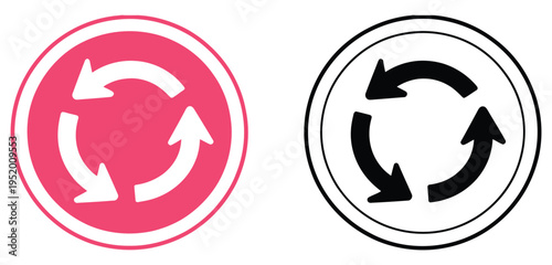Roundabout ahead traffic sign icon, blue circular road sign, indicating upcoming roundabout, directional guidance, and left-turn traffic