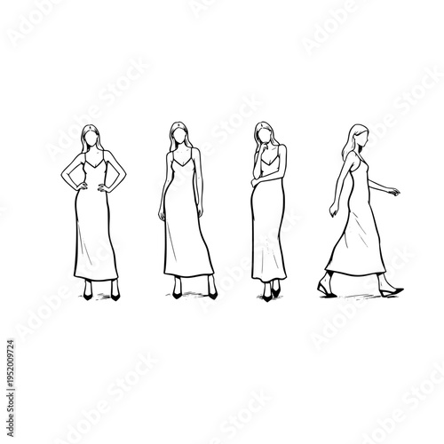 Four women in dresses in different poses