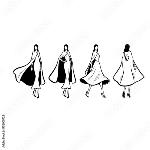 four women in capes walking vector illustration