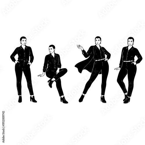 four men in black suits dancing vector illustration