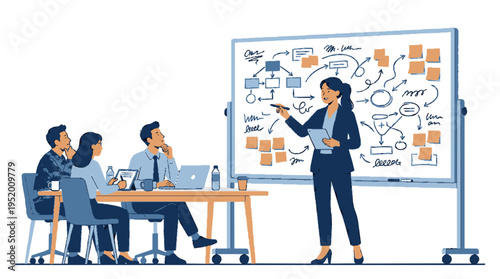 Businesswoman leads brainstorming session with team at office meeting