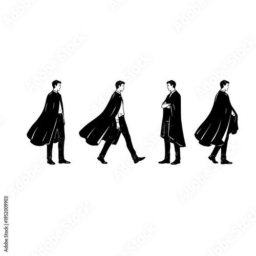 Four silhouettes of men walking in a row