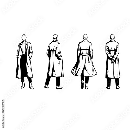 Four different views of a man wearing a long coat