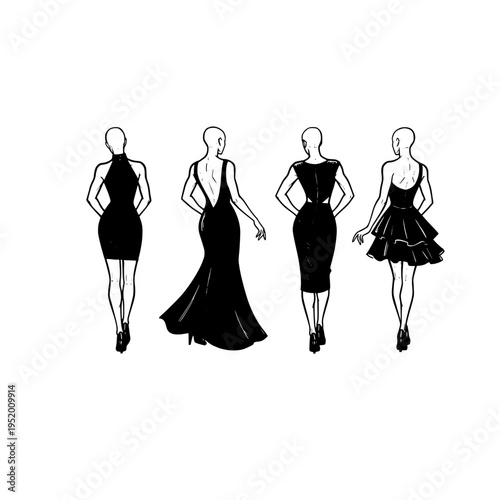 Four women in different black dresses