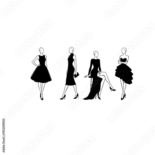 four fashion women in black dresses vector illustration