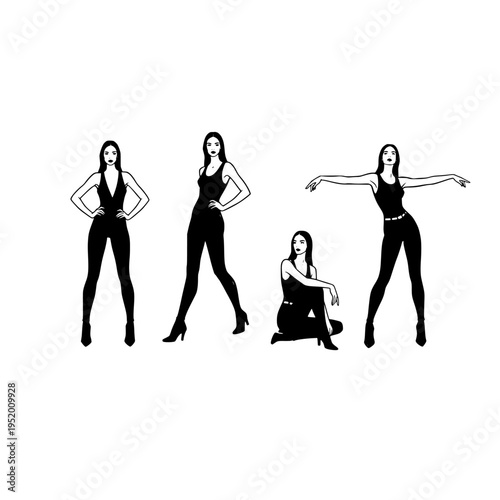 Four women in black jumpsuits in different poses
