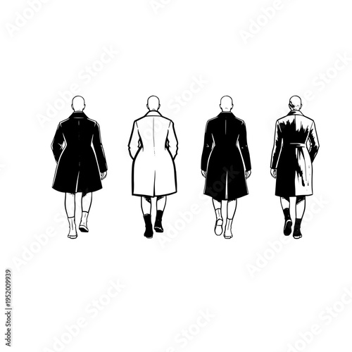 Four people wearing different coats walking away