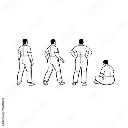 Four people standing or sitting in different poses