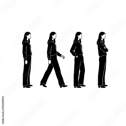 A woman in four different poses, showing various body language