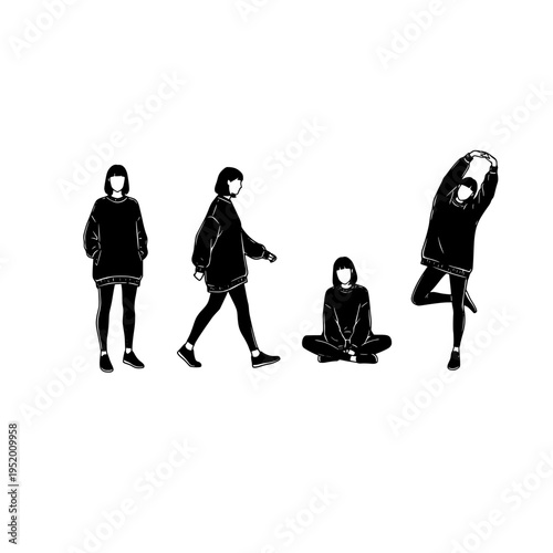 Four black and white silhouettes of women in different poses
