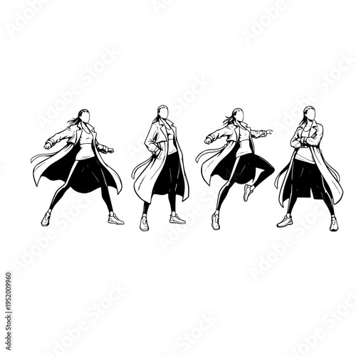 A black and white drawing of a woman in different poses