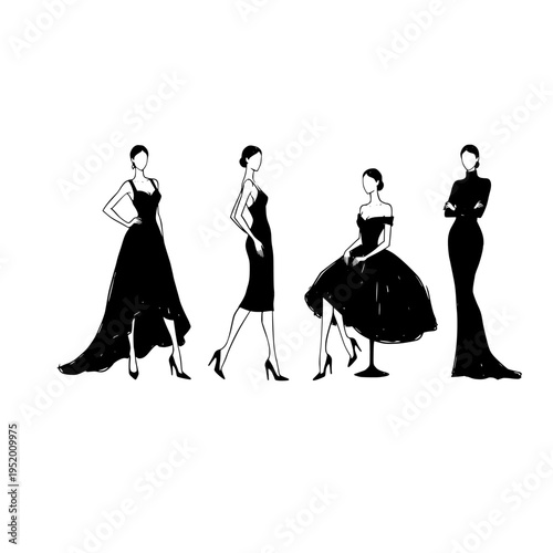 four women in black evening gowns vector illustration